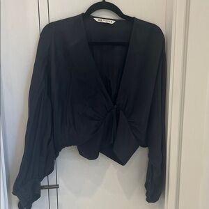 Zara Black Tie-Front V-Neck Long-Sleeve Blouse